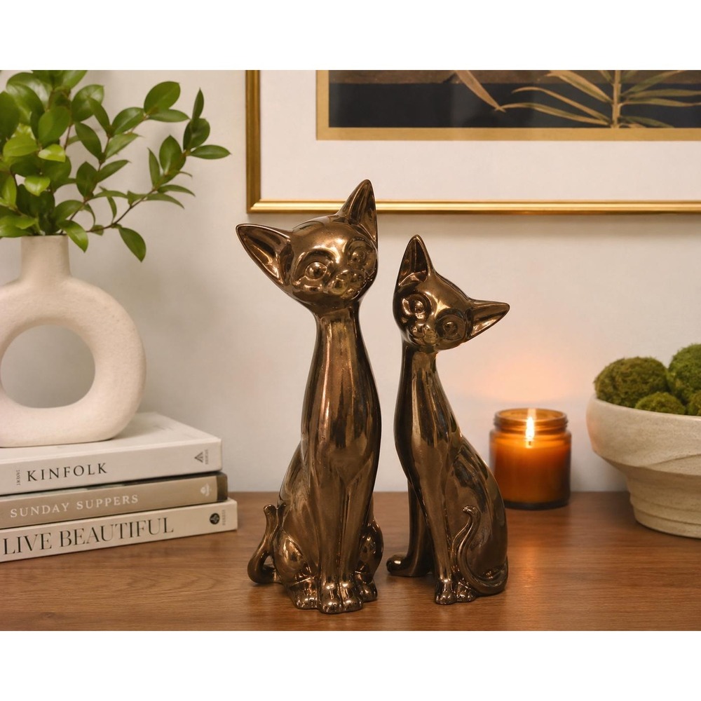 Vintage Metallic Ceramic Cat Figurines – Pair, 1984 Signed, MCM Decor